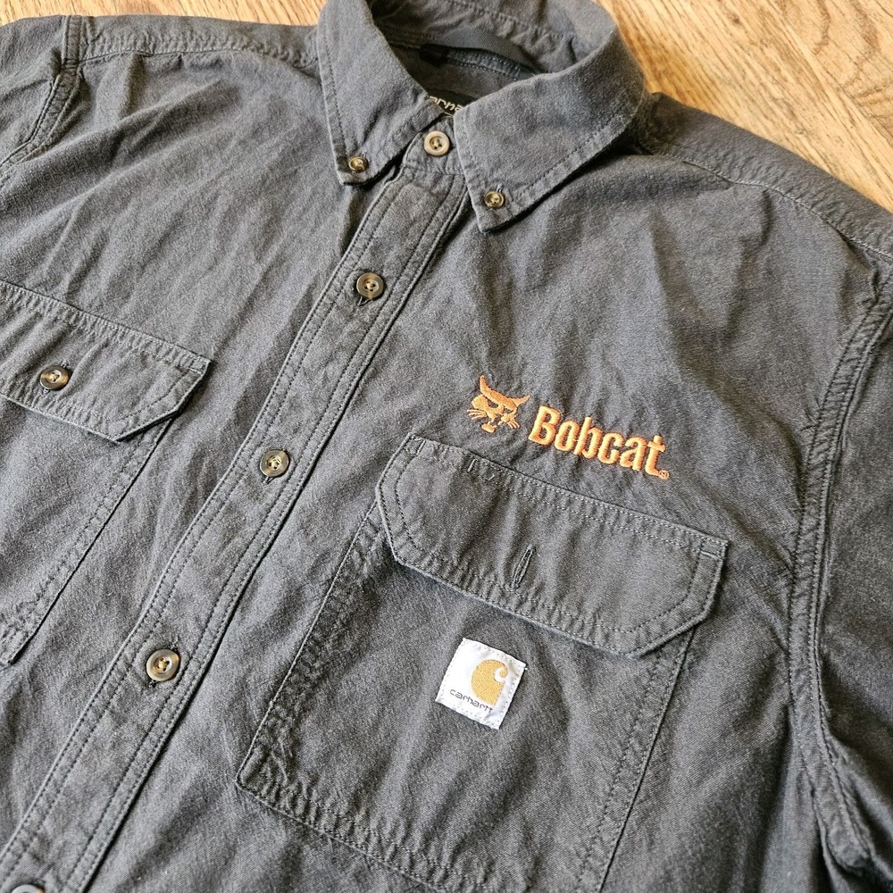 Carhartt Shirt L Faded Black Loose Fit Button Up Shirt Double Pockets Bobcat
